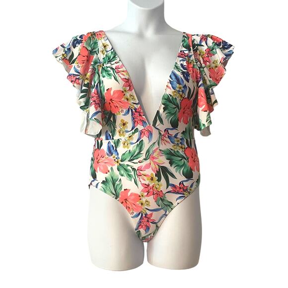 3/$20 One Piece Swimsuit Sz S 4 Sexy Deep V-neck Open Back Tropical Ruffled New - Picture 1 of 7